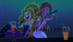 Size: 1280x740 | Tagged: safe, artist:bevin brand, imported from derpibooru, adagio dazzle, oc, oc:mezma, equestria girls, clothes, commission, disguise, disguised siren, dress, drink, duet, eyes closed, karaoke, microphone, official fan art, singing, siren oc, sitting, watermark