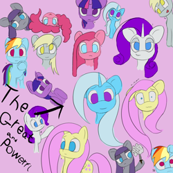 Size: 2048x2048 | Tagged: safe, artist:snezhok42, imported from derpibooru, derpy hooves, fluttershy, maud pie, pinkie pie, rainbow dash, rarity, trixie, twilight sparkle, pegasus, pony, unicorn, colored, female, flat colors, simple background, sketch, sketch dump, standing