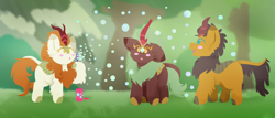 Size: 3680x1577 | Tagged: safe, artist:vanillaswirl6, imported from derpibooru, autumn blaze, cinder glow, pumpkin smoke, summer flare, kirin, :o, blowing bubbles, blush sticker, blushing, bubble, bubble solution, cute, female, forest, grass, happy, kirin village, kirinbetes, male, open mouth, trio