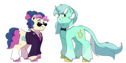 Size: 1280x640 | Tagged: safe, artist:itstechtock, imported from derpibooru, bon bon, lyra heartstrings, sweetie drops, pony, bowtie, secret agent sweetie drops, simple background, sunglasses, transparent background