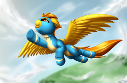 Size: 3500x2300 | Tagged: safe, artist:shido-tara, imported from derpibooru, spitfire, pegasus, pony, captain, clothes, commission, female, flying, high res, mare, underhoof, uniform, wonderbolts uniform