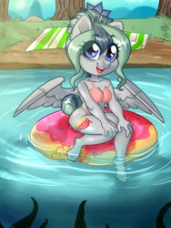 Size: 3000x4000 | Tagged: safe, artist:annakitsun3, imported from derpibooru, oc, oc only, oc:feather fry, anthro, pegasus, unguligrade anthro, beach towel, bikini, clothes, female, freckles, inflatable, inner tube, lake, looking at you, mare, smiling, solo, spread wings, swimsuit, towel, water, wings