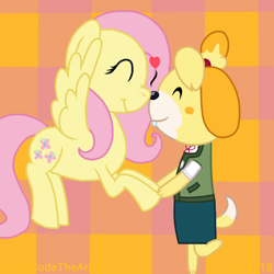 Size: 1536x1536 | Tagged: safe, artist:colorcodetheartist, imported from derpibooru, fluttershy, pegasus, pony, abstract background, animal crossing, boop, crossover, crossover shipping, cute, eyes closed, female, isabelle, isashy, lesbian, shipping, smiling