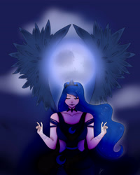 Size: 3507x4380 | Tagged: safe, artist:slyrintana, imported from derpibooru, princess luna, human, choker, clothes, cloud, dress, ethereal hair, eyebrows, eyebrows visible through hair, eyes closed, female, full moon, henna, humanized, jewelry, moon, night, regalia, signature, smiling, solo, windswept hair, winged humanization, wings