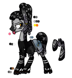 Size: 848x913 | Tagged: safe, alternate version, artist:anyazen, artist:bonpikabon, imported from derpibooru, oc, oc only, oc:wylde rush, pony, zebra, clothes, dreadlocks, ear piercing, earring, eyebrow piercing, female, jewelry, piercing, ponytail, quadrupedal, raised hoof, reference sheet, roller skates, rollerblades, shirt, shorts, simple background, socks, solo, t-shirt, tongue out, tongue piercing, torn clothes, transparent background, zebra oc