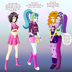 Size: 4667x4667 | Tagged: safe, artist:tigerssunshyn, imported from derpibooru, adagio dazzle, aria blaze, sonata dusk, oc, equestria girls, belly button, dialogue, disguise, disguised siren, headphones, hypnosis, hypnotized, mistress, restrained, swirly eyes