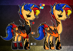 Size: 1410x1000 | Tagged: safe, artist:bonpikabon, imported from derpibooru, oc, oc only, oc:dark-sun guard, alicorn, demon, demon pony, original species, pony, alicorn oc, boots, clothes, colored sclera, ear piercing, earring, eye scar, eyebrow piercing, jacket, jewelry, leather jacket, male, multicolored hair, nose piercing, offspring, parent:flash sentry, parent:sunset shimmer, parents:flashimmer, piercing, reference sheet, scar, shirt, shoes, socks, solo, stallion, t-shirt, tattoo