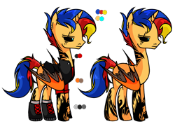 Size: 1410x1000 | Tagged: safe, alternate version, artist:anyazen, artist:bonpikabon, imported from derpibooru, oc, oc only, oc:dark-sun guard, alicorn, demon, demon pony, original species, pony, alicorn oc, boots, clothes, colored sclera, ear piercing, earring, eye scar, eyebrow piercing, jacket, jewelry, leather jacket, male, multicolored hair, nose piercing, offspring, parent:flash sentry, parent:sunset shimmer, parents:flashimmer, piercing, scar, shirt, shoes, simple background, socks, solo, stallion, t-shirt, tattoo, transparent background