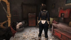 Size: 1360x768 | Tagged: safe, artist:defector, imported from derpibooru, oc, oc only, oc:epsilon, anthro, 3d, anthro oc, clothes, dogmeat, fallout, fallout 4, femboy, jumpsuit, male, rear view, solo, the ass was fat, vault suit, wide hips