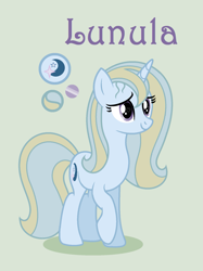 Size: 1449x1937 | Tagged: safe, artist:mylittlespider139, imported from derpibooru, oc, oc:lunula, pony, unicorn, female, horn, mare, offspring, parent:prince blueblood, parent:trixie, parents:bluetrix, unicorn oc