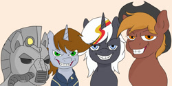 Size: 2002x1000 | Tagged: safe, artist:jellymaggot, imported from derpibooru, oc, oc:calamity, oc:littlepip, oc:steelhooves, oc:velvet remedy, earth pony, pegasus, pony, unicorn, fallout equestria, armor, clothes, cowboy hat, dashite, fanfic, fanfic art, female, grin, hat, horn, jumpsuit, male, mare, me and the boys, meme, power armor, simple background, smiling, stallion, steel ranger, vault suit