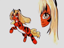 Size: 900x676 | Tagged: safe, artist:kira-minami, imported from derpibooru, pony, unicorn, female, leaping, looking at you, mare, ponified, simple background, smiling, smirk, solo, stripes, taiga aisaka, toradora, white background