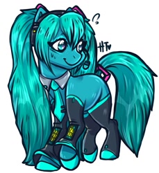 Size: 1173x1280 | Tagged: safe, artist:hannahtailz, imported from derpibooru, pony, clothes, crossover, cute, female, hatsune miku, mare, pigtails, ponified, simple background, solo, twintails, vocaloid, white background