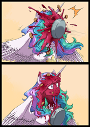 Size: 993x1401 | Tagged: safe, artist:hazurasinner, imported from derpibooru, princess celestia, alicorn, pony, 2 panel comic, comic, female, food, frown, mare, messy mane, pie, pie in the face, pied, raised hoof, solo, splat, spread wings, this will end in tears and/or a journey to the moon, wide eyes, wings