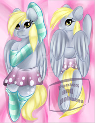 Size: 1280x1657 | Tagged: safe, artist:marshmellowbug, imported from derpibooru, derpy hooves, pony, body pillow, body pillow design, clothes, commission, cute, derpabetes, female, skirt, socks, solo, stockings, striped socks, thigh highs