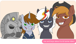 Size: 400x230 | Tagged: safe, editor:fluttershyisnot adoormat, imported from derpibooru, oc, oc:calamity, oc:littlepip, oc:steelhooves, oc:velvet remedy, earth pony, pegasus, pony, unicorn, fallout equestria, armor, clothes, cowboy hat, dashite, fanfic, fanfic art, female, grammar error, grin, hat, horn, jumpsuit, male, mare, me and the boys, meme, power armor, simple background, smiling, stallion, steel ranger, vault suit, wings