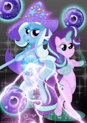 Size: 2894x4093 | Tagged: safe, artist:stormythetrooper, imported from derpibooru, starlight glimmer, trixie, pony, unicorn, bipedal, duo, female, glowing horn, horn, magic, mare