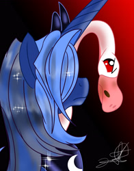 Size: 2550x3246 | Tagged: safe, artist:stormythetrooper, imported from derpibooru, princess luna, alicorn, goose, pony, sparkle's seven, animal, face not visible, facing away, female, luna petting goose, mare, solo