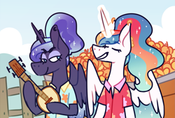 Size: 1283x862 | Tagged: safe, artist:maxieforest, imported from derpibooru, princess celestia, princess luna, alicorn, pony, between dark and dawn, alternate hairstyle, banjo, clothes, duo, eyes closed, female, glowing horn, hair bun, hawaiian shirt, horn, lidded eyes, mare, musical instrument, ponytail, royal sisters, scene interpretation, shirt