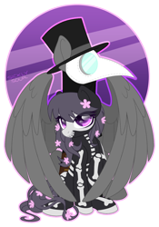 Size: 1122x1602 | Tagged: safe, artist:sickly-sour, imported from derpibooru, oc, oc:doc, oc:witch, earth pony, pegasus, pony, flower, flower in hair, oc x oc, plague doctor, plague doctor mask, purple eyes, shipping, tattoo, witch doctor