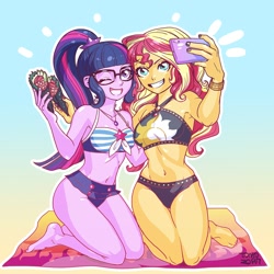 Size: 900x900 | Tagged: safe, artist:babtyu, imported from derpibooru, sci-twi, sunset shimmer, twilight sparkle, equestria girls, equestria girls series, armpits, barefoot, belly button, bikini, bikini babe, cellphone, clothes, cute, feet, female, food, geode of empathy, geode of telekinesis, glasses, magical geodes, midriff, nail polish, one eye closed, phone, ponytail, sarong, selfie, smartphone, summer sunset, sushi, sushi cone, swimsuit, wink