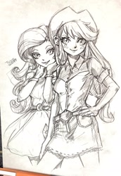 Size: 1410x2048 | Tagged: safe, artist:babtyu, imported from derpibooru, applejack, rarity, equestria girls, cute, duo, female, hand on hip, jackabetes, raribetes, traditional art