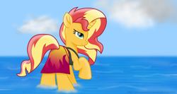 Size: 7340x3900 | Tagged: safe, artist:ejlightning007arts, imported from derpibooru, sunset shimmer, pony, unicorn, absurd resolution, beautiful, bunset shimmer, butt, clothes, equestria girls outfit, plot, raised hoof, sarong, swimsuit, water