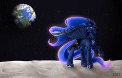 Size: 2340x1500 | Tagged: safe, artist:norica-official, imported from derpibooru, princess luna, alicorn, pony, earth, female, looking back, mare, moon, solo