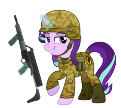 Size: 4500x4000 | Tagged: safe, artist:a4r91n, imported from derpibooru, starlight glimmer, pony, unicorn, assault rifle, boots, calico, calico m-900, camouflage, command and conquer, crossover, female, gdi glimmer, global defense initiative, grin, gun, helmet, lidded eyes, looking at you, magic, mare, military, military uniform, raised hoof, rifle, sergeant, shoes, simple background, smiling, smug, solo, tail wrap, telekinesis, transparent background, vector, weapon