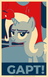 Size: 300x480 | Tagged: safe, artist:franklin, imported from derpibooru, trixie, uncommon bond, apple, food, hope poster, horn, horn guard, horn impalement, looking at you, politics, vote, votehorse