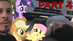 Size: 1280x720 | Tagged: safe, artist:pony-o bros., imported from derpibooru, applejack, fluttershy, twilight sparkle, earth pony, human, pegasus, pony, series:pony meets world, bandage, car, community related, facial hair, female, irl, irl human, jared armstrong, joey orpesa, link in description, mare, moustache, photo, ponies in real life, thumbnail, unamused, youtube link