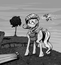 Size: 872x939 | Tagged: safe, artist:koviry, imported from derpibooru, fluttershy, breezie, pegasus, pony, black and white, column, duo, female, folded wings, grayscale, looking at someone, looking back, mare, monochrome, outdoors, saddle bag, standing, stray strand, wings