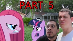 Size: 1280x720 | Tagged: safe, artist:pony-o bros., imported from derpibooru, pinkie pie, twilight sparkle, earth pony, human, pegasus, pony, series:pony meets world, bandage, community related, dustin, facial hair, female, house, irl, irl human, joey orpesa, link in description, mare, moustache, photo, pinkamena diane pie, ponies in real life, thumbnail, unamused, youtube link