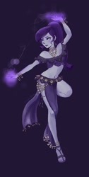 Size: 1260x2493 | Tagged: safe, artist:abarai, imported from derpibooru, rarity, human, anklet, beauty mark, belly button, belly dancer, belly dancer outfit, bracelet, dancer, ear piercing, earring, eyeshadow, feet, female, hooped earrings, humanized, jewelry, loincloth, magic, makeup, midriff, necklace, octopath traveler, piercing, pony coloring, primrose azelhart, sandals, signature, simple background, solo, toes