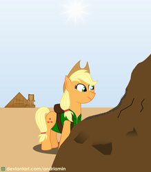 Size: 3500x4000 | Tagged: safe, artist:andriamin, imported from derpibooru, applejack, ant, pony, sphinx, spider, ants, desert, female, noon, pyramid, solo, sun