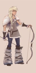 Size: 1260x2493 | Tagged: safe, artist:abarai, imported from derpibooru, applejack, human, arrow, bow (weapon), bow and arrow, braid, female, freckles, humanized, octopath traveler, signature, simple background, solo, weapon