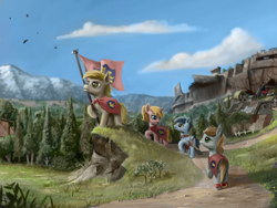 Size: 1024x768 | Tagged: safe, artist:turbopower1000, imported from derpibooru, oc, earth pony, pony, unicorn, fallout equestria, cape, clothes, cmc cape, cmc logo, wasteland crusaders