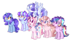 Size: 1280x750 | Tagged: safe, artist:moon-rose-rosie, imported from derpibooru, oc, oc only, oc:bird song, oc:celestial moon, oc:coraline, oc:passion, oc:smooth blue, oc:vania, alicorn, pegasus, pony, unicorn, base used, female, interdimensional siblings, magical lesbian spawn, mare, offspring, parent:rainbow dash, parent:twilight sparkle, parents:twidash, simple background, transparent background