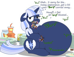 Size: 4628x3536 | Tagged: safe, artist:steampunk-brony, artist:zeldafan777, edit, imported from derpibooru, part of a set, oc, oc only, oc:silverlay, original species, unicorn, series:bloated silvie collection, absurd resolution, adorafatty, belly, big belly, bloated, burp, chubby, cute, eating, fat, female, floppy ears, gross, hiccup, hiccups, huge belly, impossibly large belly, jar, junk food, large belly, mare, messy, messy eating, morbidly obese, obese, ocbetes, onomatopoeia, overeating, overweight, plate, silvabetes, silverlard, simple background, sitting, soda, squishy, squishy belly, stomach noise, stuffed, stuffed belly, text, that pony sure does love cakes, that pony sure does love eating, transparent background, umbra pony, weight gain