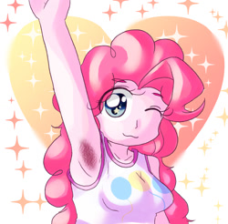 Size: 1178x1158 | Tagged: safe, artist:アルカリ土類金属, imported from derpibooru, pinkie pie, human, equestria girls, :3, abstract background, armpit hair, armpits, breasts, clothes, female, heart, one eye closed, solo, wingding eyes, wink