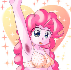 Size: 1178x1158 | Tagged: safe, artist:アルカリ土類金属, imported from derpibooru, pinkie pie, human, equestria girls, abstract background, armpit hair, armpits, bra, breasts, cherry printed underwear, clothes, female, heart, heart print underwear, smiling, solo, underwear, wingding eyes, yellow underwear