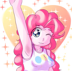 Size: 1178x1158 | Tagged: safe, artist:アルカリ土類金属, imported from derpibooru, pinkie pie, human, equestria girls, :3, abstract background, armpit hair, armpits, breasts, clothes, cute, diapinkes, eye clipping through hair, eyebrows, eyebrows visible through hair, female, heart, one eye closed, pixiv, solo, wingding eyes, wink