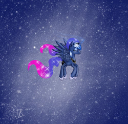 Size: 800x774 | Tagged: safe, artist:vikuskaal, imported from derpibooru, princess luna, alicorn, pony, ethereal mane, eyes closed, female, flying, jewelry, mare, regalia, solo, space, spread wings, wings