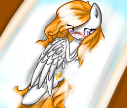 Size: 700x600 | Tagged: safe, artist:vikuskaal, imported from derpibooru, oc, oc only, oc:ghasty, pegasus, pony, blushing, female, lidded eyes, mare, on back, solo