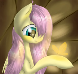 Size: 1600x1532 | Tagged: safe, artist:vikuskaal, imported from derpibooru, fluttershy, butterfly, pegasus, pony, bust, cute, female, folded wings, hoof hold, looking at something, looking down, mare, shyabetes, smiling, solo, wings