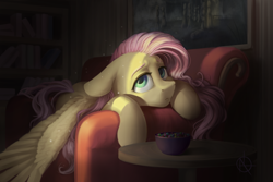 Size: 3000x2000 | Tagged: safe, artist:klarapl, imported from derpibooru, fluttershy, pegasus, pony, couch, dark, female, floppy ears, high res, indoors, lidded eyes, looking at you, looking up, mare, prone, solo, spread wings, technical advanced, three quarter view, wings