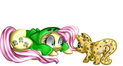 Size: 700x377 | Tagged: safe, artist:vikuskaal, imported from derpibooru, fluttershy, cat, ocelot, pegasus, pony, butt, clothes, creeper, creepershy, crouching, cute, eye contact, female, floppy ears, frown, hoodie, looking at each other, mare, minecraft, plot, shrunken pupils, simple background, white background, wide eyes