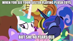 Size: 888x499 | Tagged: safe, edit, edited screencap, imported from derpibooru, screencap, princess celestia, princess luna, pony, between dark and dawn, cute, embarrassed, eyes closed, female, grammar error, imgflip, meme, plushie, siblings, sisters, when x and y