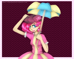 Size: 1374x1100 | Tagged: safe, artist:vikuskaal, imported from derpibooru, pinkie pie, human, female, humanized, solo, umbrella