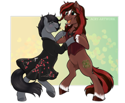 Size: 2650x2180 | Tagged: safe, artist:acry-artwork, imported from derpibooru, oc, oc:aubade, oc:liath mac medb, earth pony, pony, clothes, couple, dancing, dress, female, male, stallion, vest